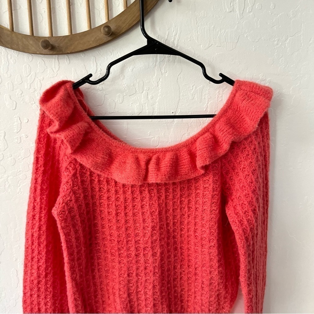 Anthropologie Boat Neck Ruffle Waffle Knit Sweater Pink Size S - Picture 4 of 6